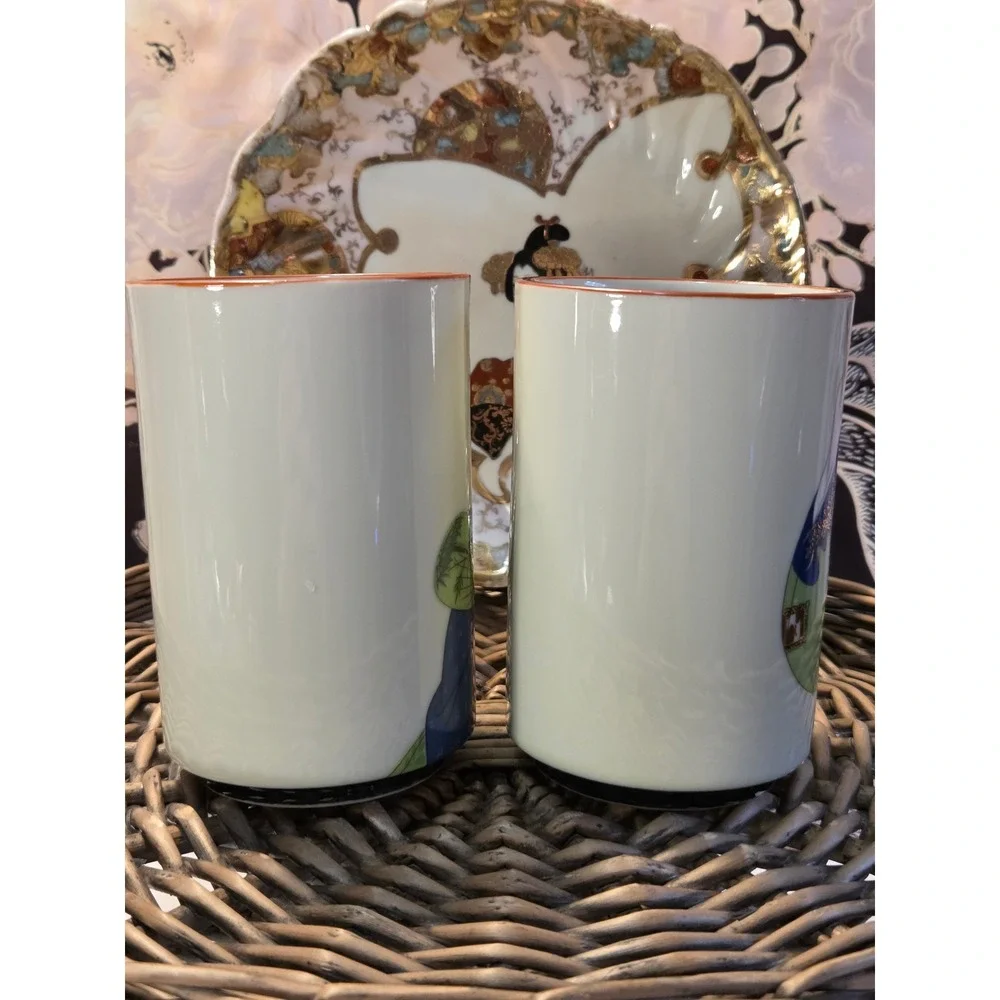 Vintage Japanese Geisha Tea Cups with Antique Japanese‎ Kutani Geisha Plate